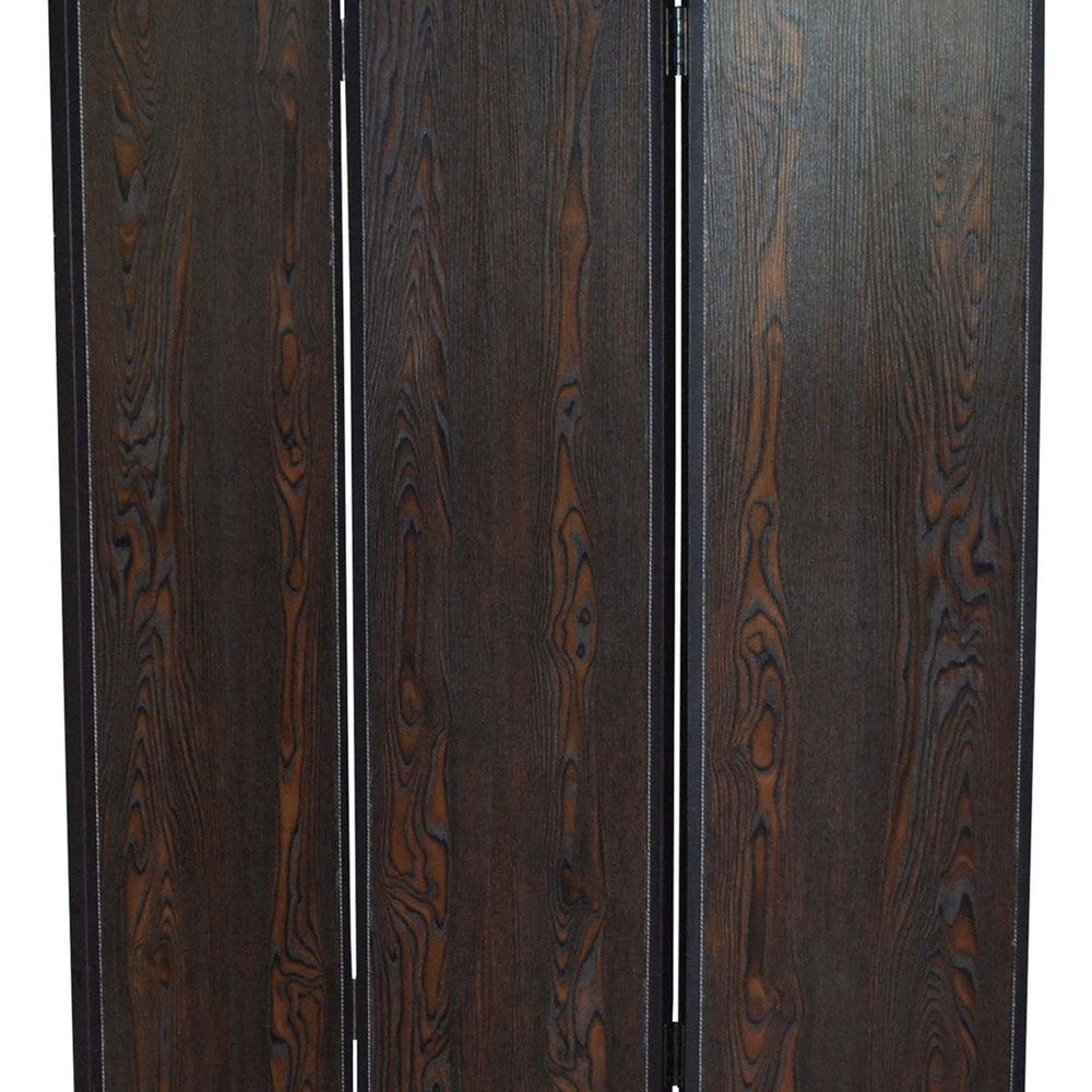 3 Panel Foldable Wooden Screen with Grain Details, Dark Brown - BM26602