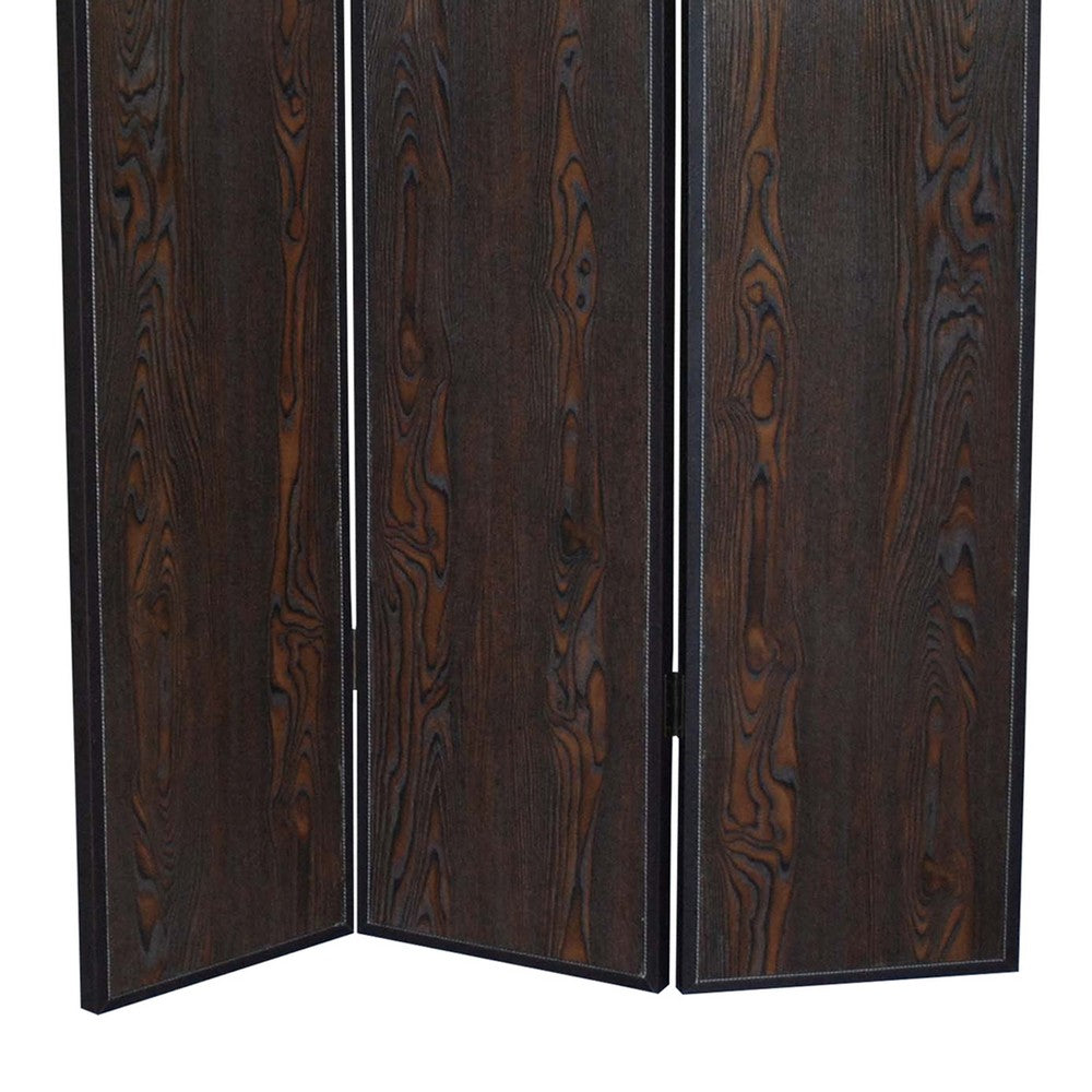 3 Panel Foldable Wooden Screen with Grain Details, Dark Brown - BM26602