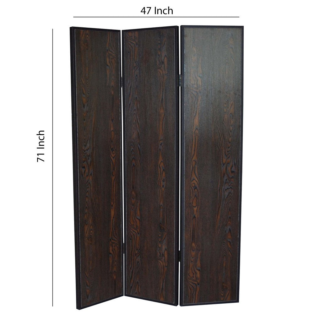 3 Panel Foldable Wooden Screen with Grain Details, Dark Brown - BM26602