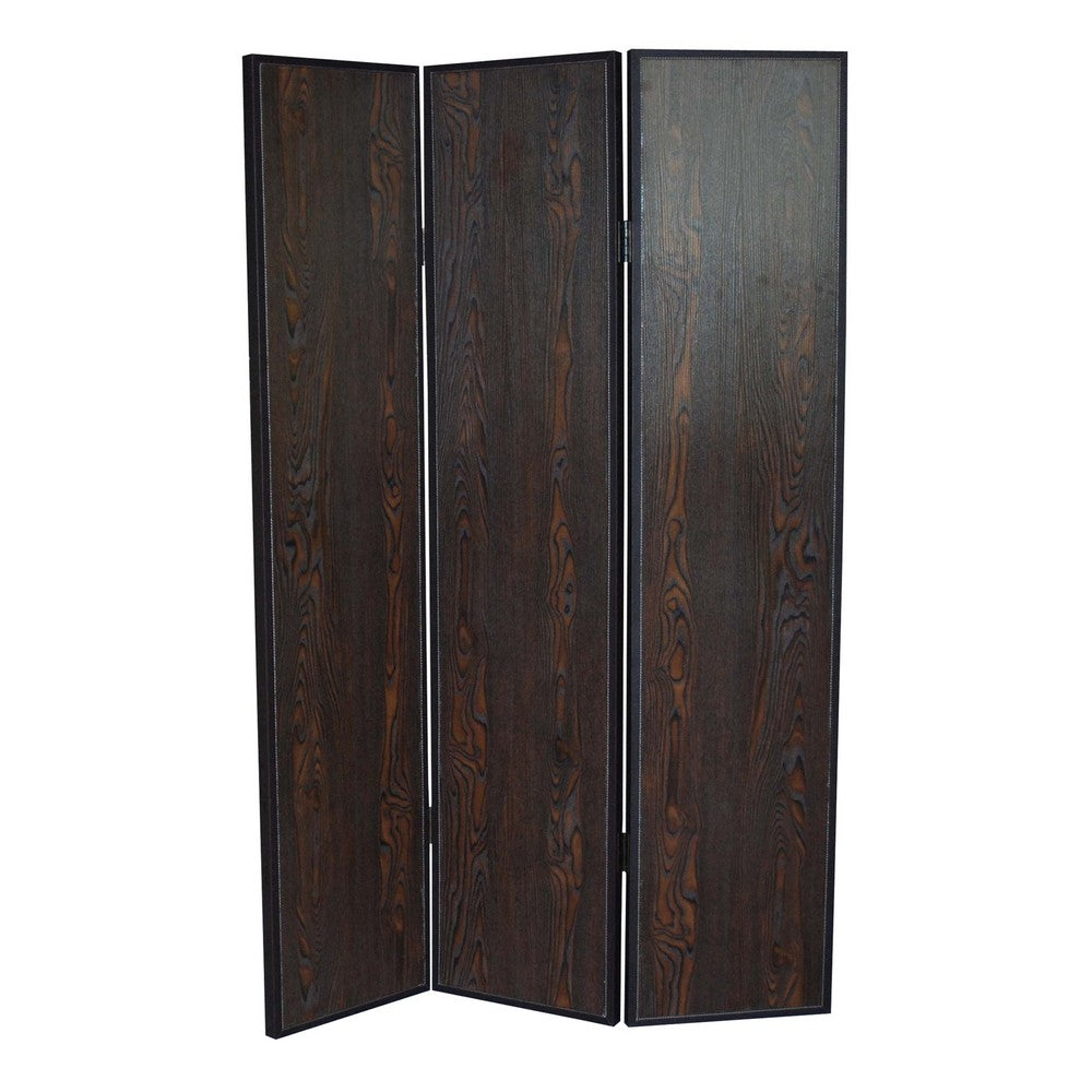 3 Panel Foldable Wooden Screen with Grain Details, Dark Brown - BM26602