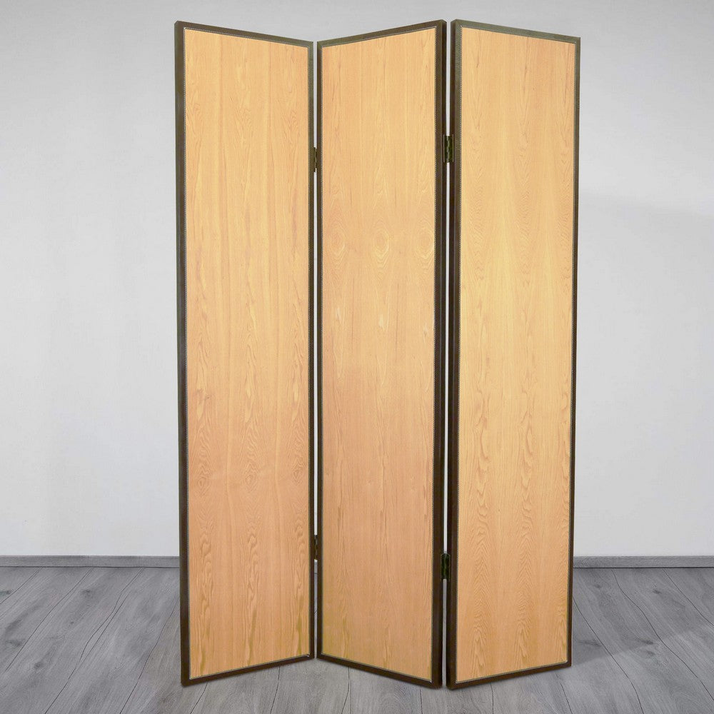 Foldable 3 Panel Wooden Screen with Faux Leather Trim, Brown - BM26604