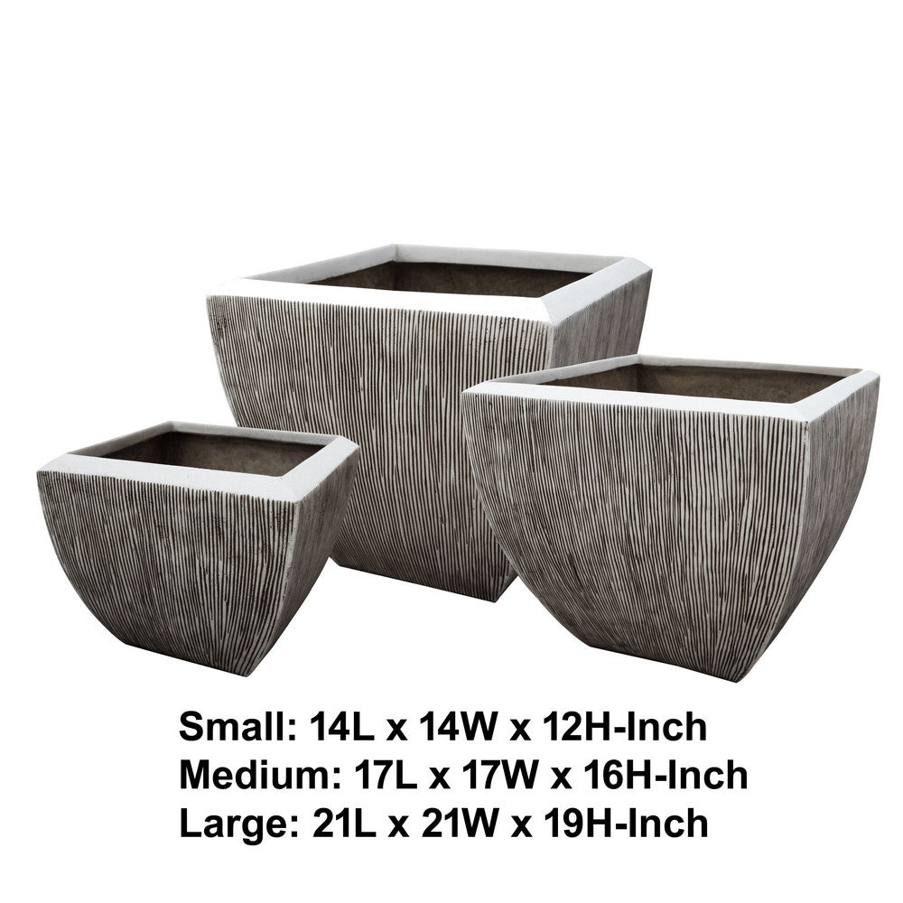 Hand Made Square Flower pot  with Ribbed Design, White, Set of 3 - BM26609