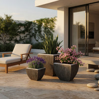 Hand Made Square Flower pot  with Ribbed Design, White, Set of 3 - BM26609