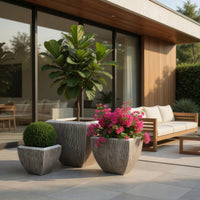 Hand Made Square Flower pot  with Ribbed Design, White, Set of 3 - BM26609