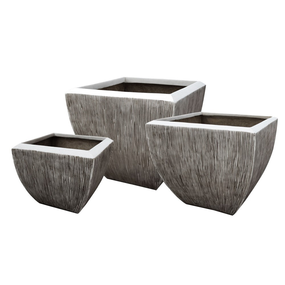 Hand Made Square Flower pot  with Ribbed Design, White, Set of 3 - BM26609