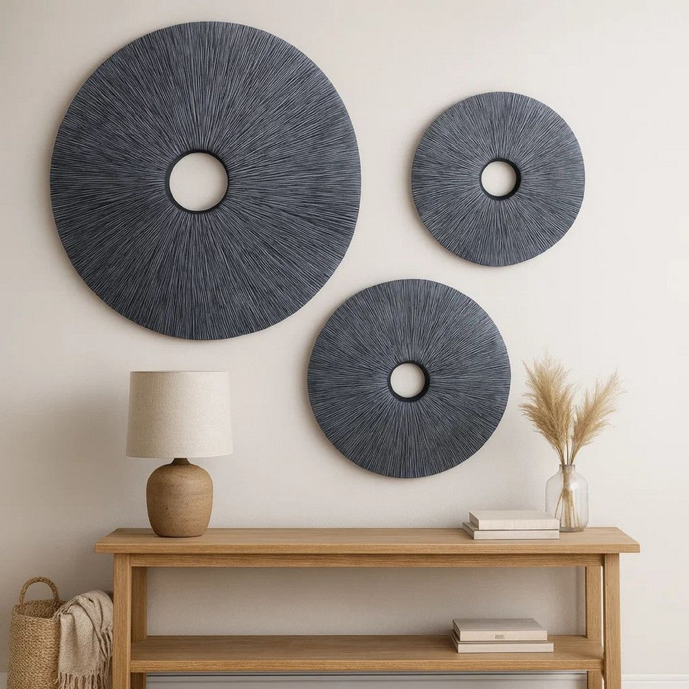 Ribbed Round Sandstone Wall Decor with Cut Out at Centre, Large, Gray - BM26624
