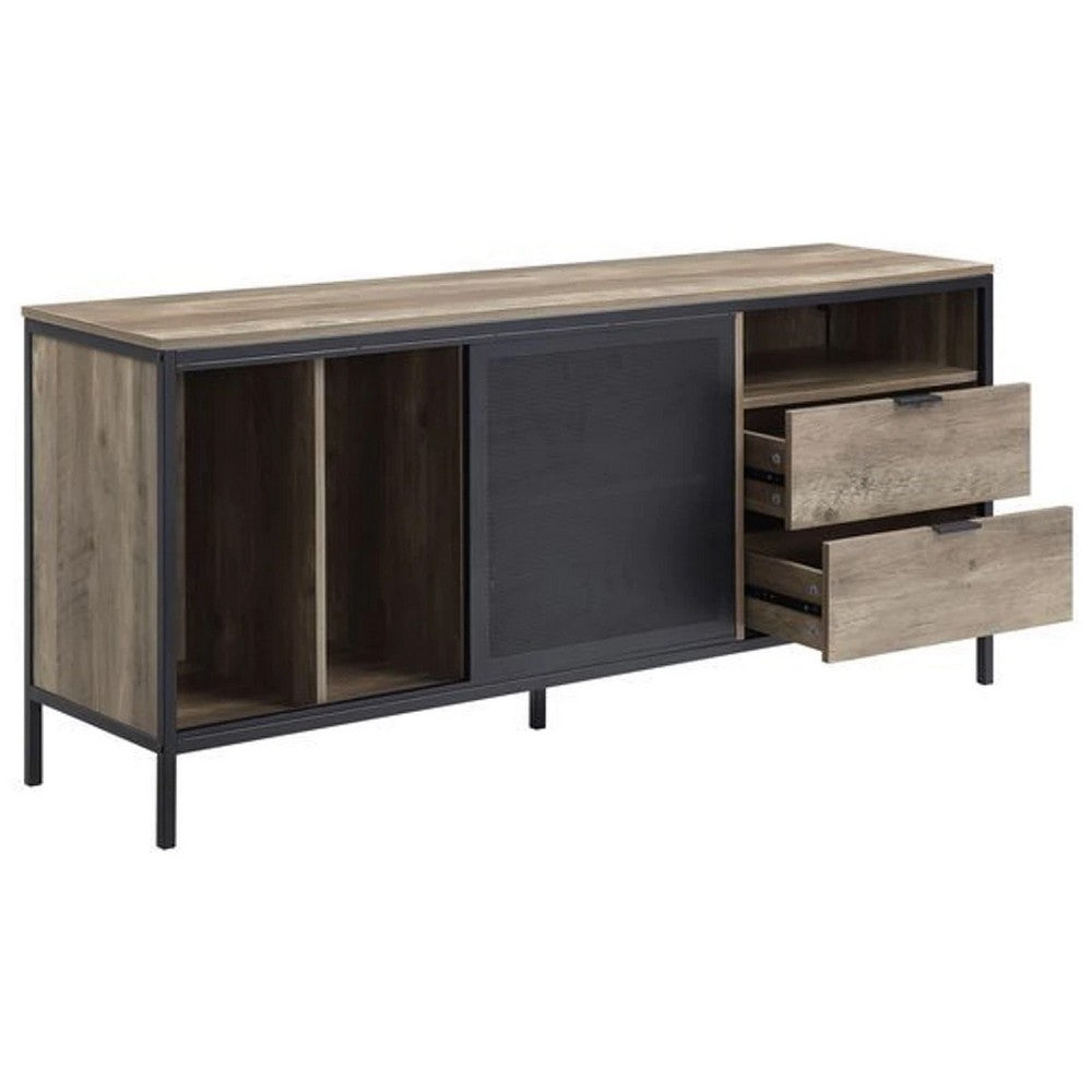 TV Stand with Metal Frame, Rustic Oak Brown and Black - BM266445