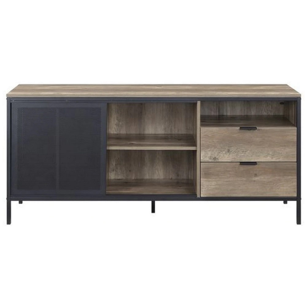 TV Stand with Metal Frame, Rustic Oak Brown and Black - BM266445