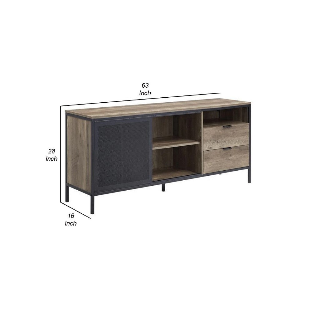 TV Stand with Metal Frame, Rustic Oak Brown and Black - BM266445