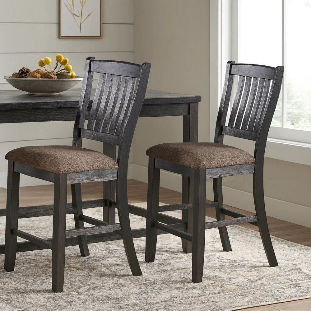 Chair with High Slatted Back Design, Set of 2, Dark Brown - BM266490