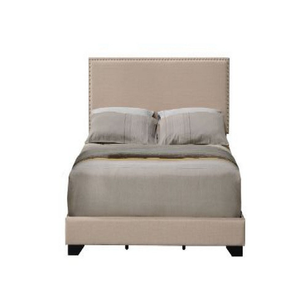 Queen Size Bed with Fabric Upholstery and Nailhead Accent, Beige - BM266521