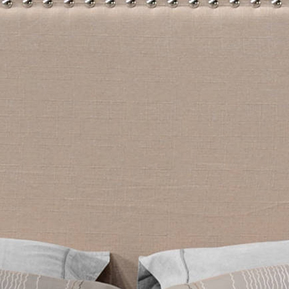 Queen Size Bed with Fabric Upholstery and Nailhead Accent, Beige - BM266521