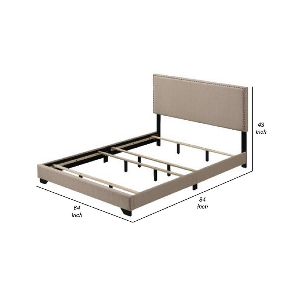 Queen Size Bed with Fabric Upholstery and Nailhead Accent, Beige - BM266521