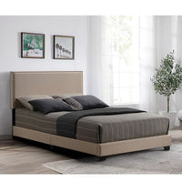 Queen Size Bed with Fabric Upholstery and Nailhead Accent, Beige - BM266521