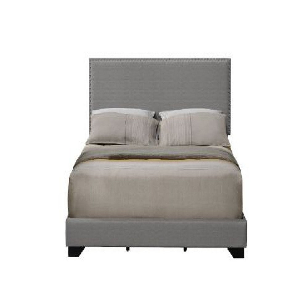 Queen Size Bed with Fabric Upholstery and Nailhead Accent, Gray - BM266522