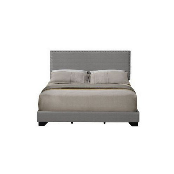 Queen Size Bed with Fabric Upholstery and Nailhead Accent, Gray - BM266522