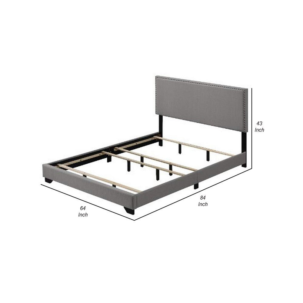 Queen Size Bed with Fabric Upholstery and Nailhead Accent, Gray - BM266522