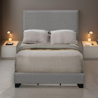 Queen Size Bed with Fabric Upholstery and Nailhead Accent, Gray - BM266522