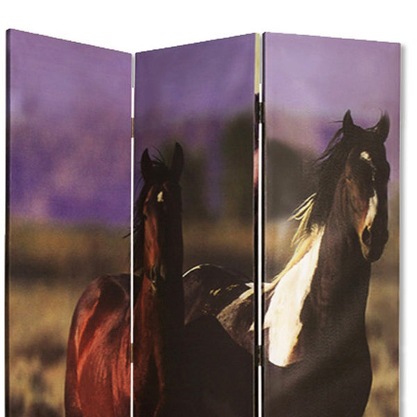 Wooden Screen with Artwork of Horses Galloping, Multicolor - BM26654