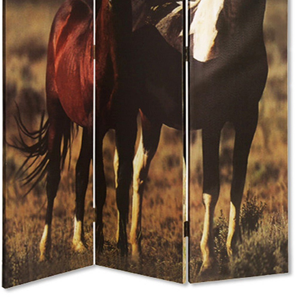 Wooden Screen with Artwork of Horses Galloping, Multicolor - BM26654