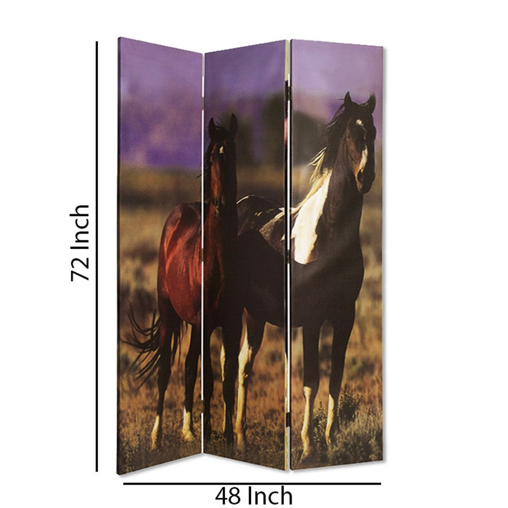 Wooden Screen with Artwork of Horses Galloping, Multicolor - BM26654