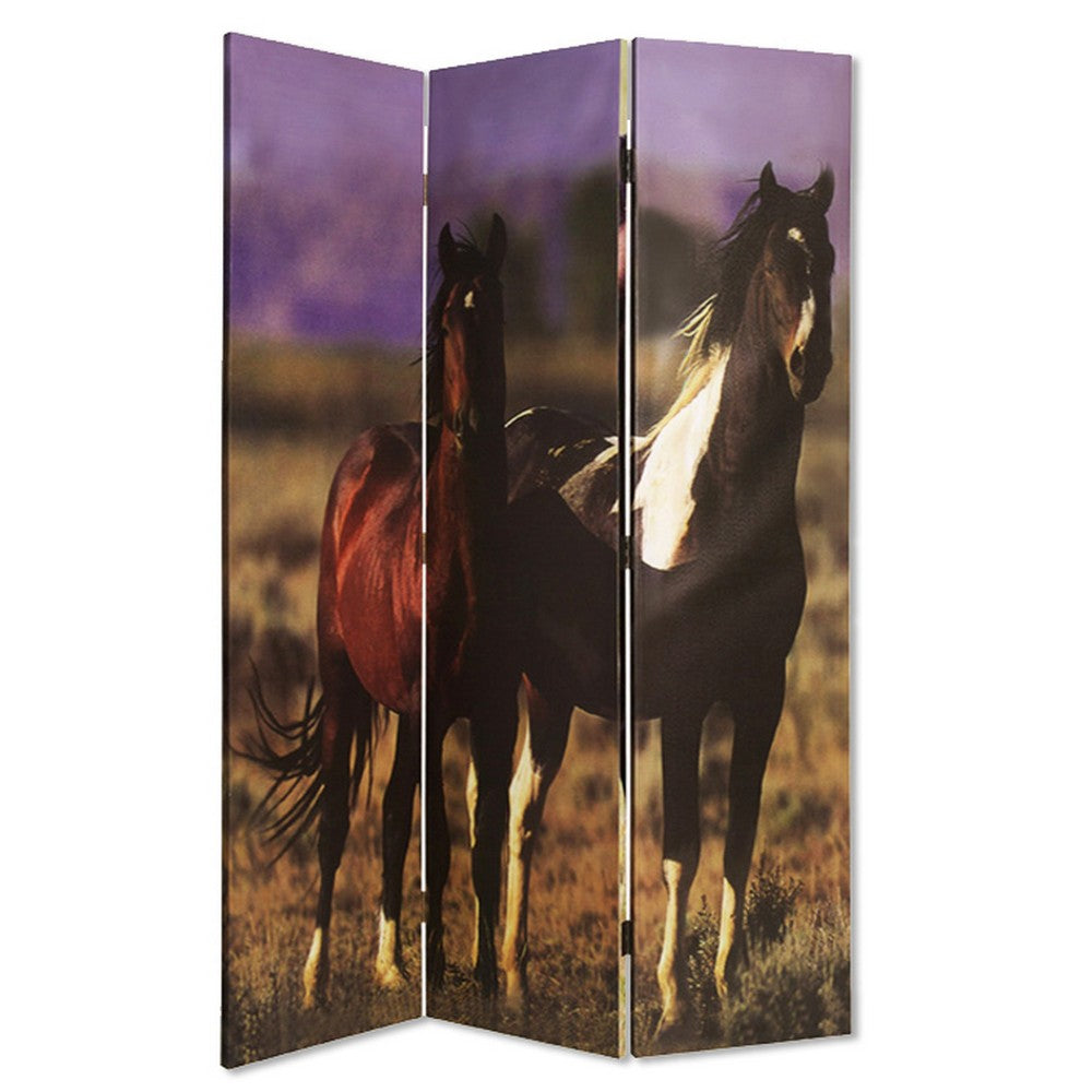 Wooden Screen with Artwork of Horses Galloping, Multicolor - BM26654