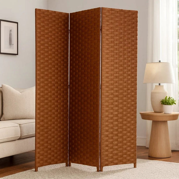 Wooden Foldable 3 Panel Room Divider with Streamline Design, Dark Brown - BM26679