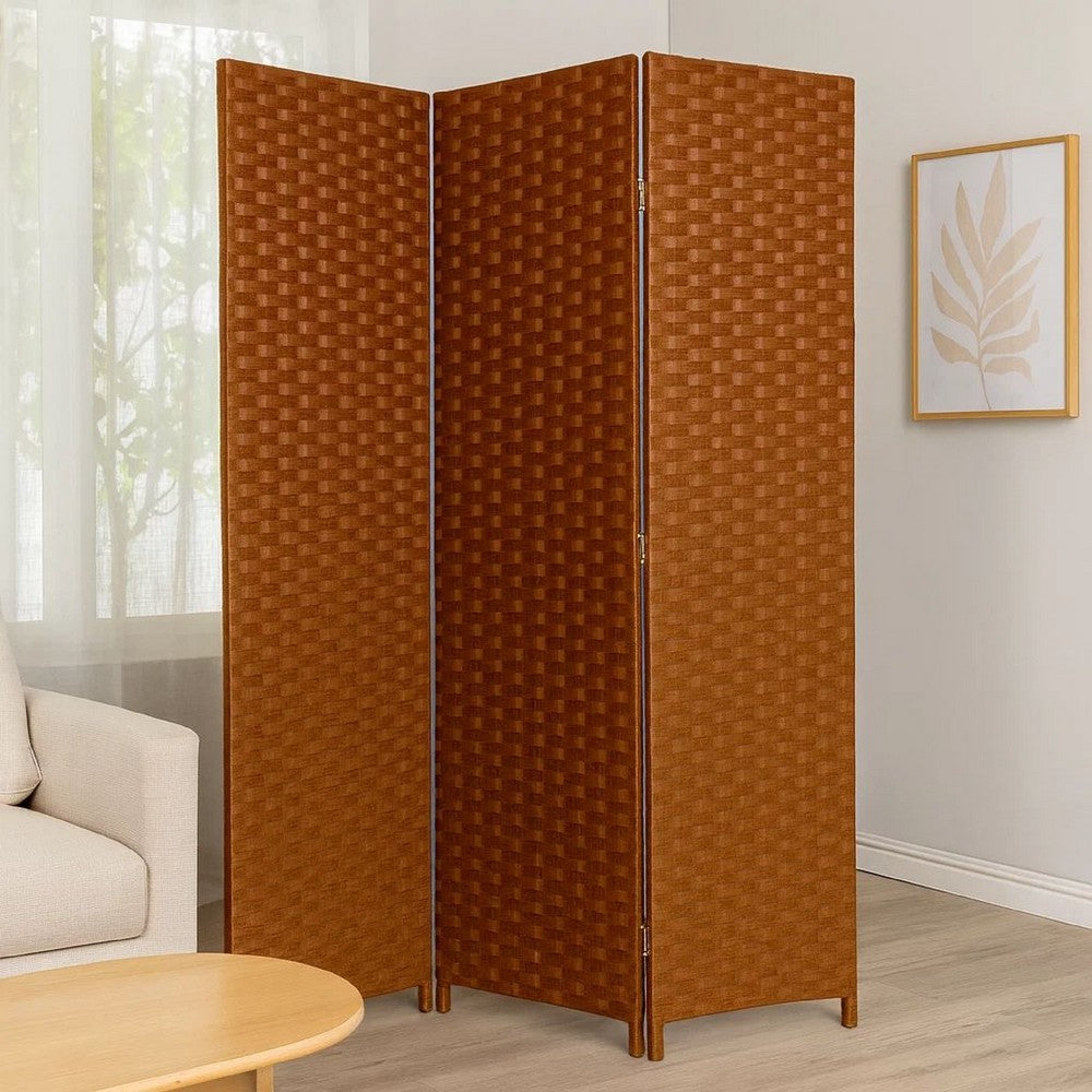Wooden Foldable 3 Panel Room Divider with Streamline Design, Dark Brown - BM26679