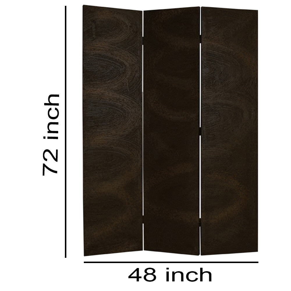 Foldable 3 Panel Canvas Room Divider with Swirl Details, Dark Brown - BM26687