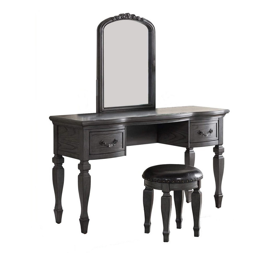 3 Piece Vanity Set with Carved Mirror and Turned Legs, Gray - BM268886