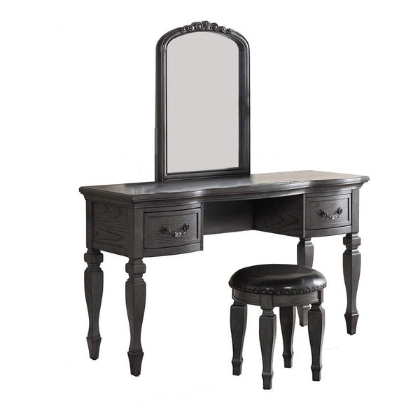 3 Piece Vanity Set with Carved Mirror and Turned Legs, Gray - BM268886