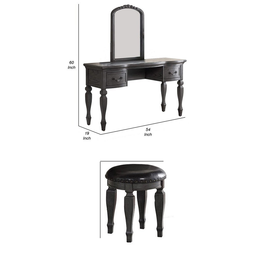 3 Piece Vanity Set with Carved Mirror and Turned Legs, Gray - BM268886