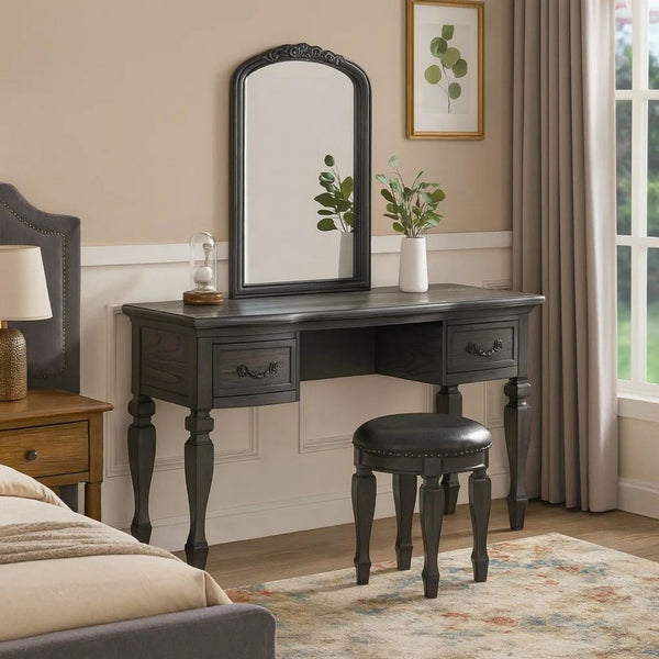 3 Piece Vanity Set with Carved Mirror and Turned Legs, Gray - BM268886