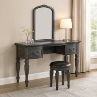 3 Piece Vanity Set with Carved Mirror and Turned Legs, Gray - BM268886