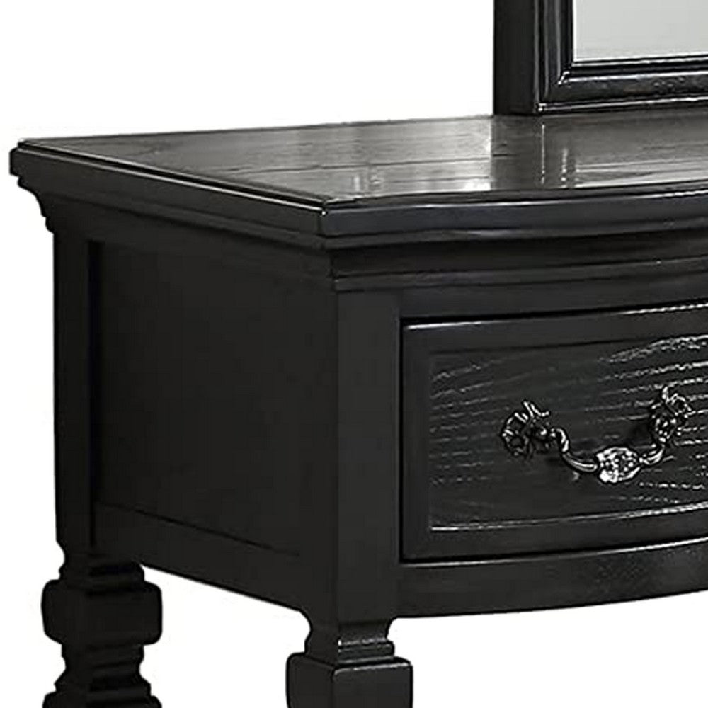 3 Piece Vanity Set with Carved Mirror and Turned Legs, Black - BM268888