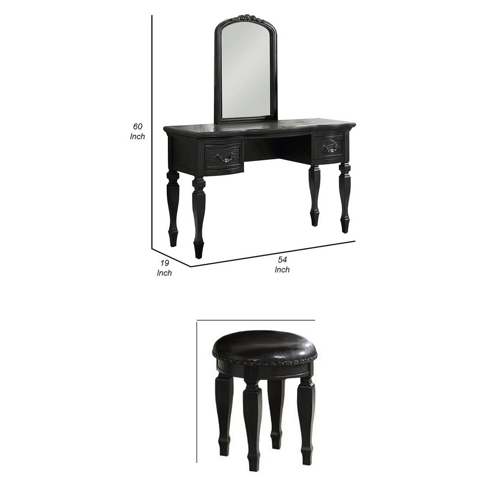 3 Piece Vanity Set with Carved Mirror and Turned Legs, Black - BM268888
