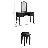 3 Piece Vanity Set with Carved Mirror and Turned Legs, Black - BM268888