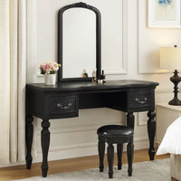 3 Piece Vanity Set with Carved Mirror and Turned Legs, Black - BM268888