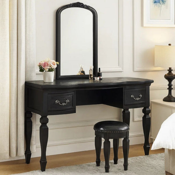 3 Piece Vanity Set with Carved Mirror and Turned Legs, Black - BM268888