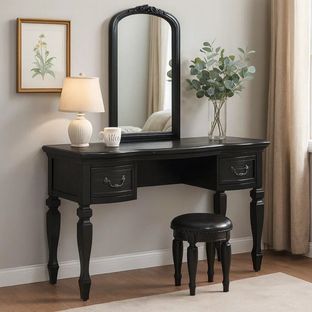 3 Piece Vanity Set with Carved Mirror and Turned Legs, Black - BM268888
