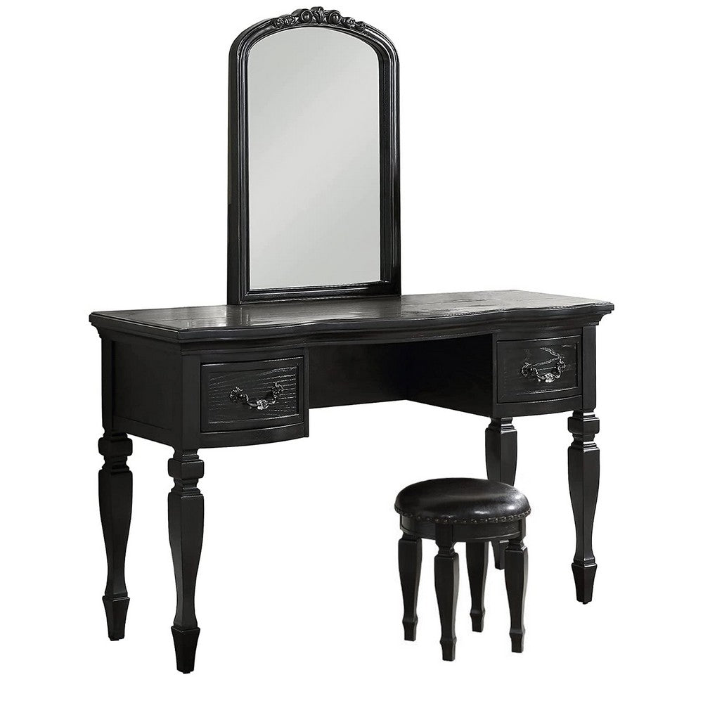 3 Piece Vanity Set with Carved Mirror and Turned Legs, Black - BM268888
