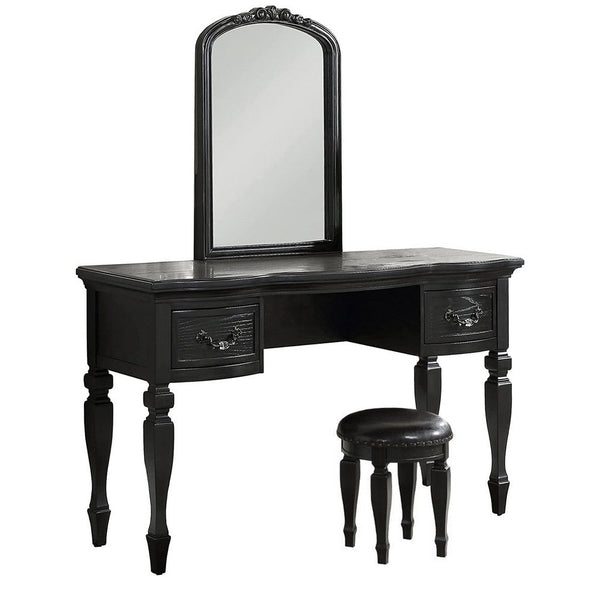 3 Piece Vanity Set with Carved Mirror and Turned Legs, Black - BM268888