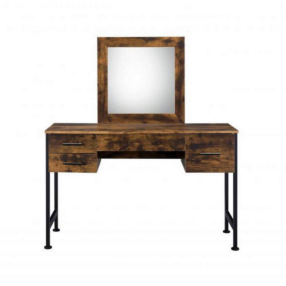Vanity Desk with 4 Drawers and Square Mirror, Brown and Black - BM268893