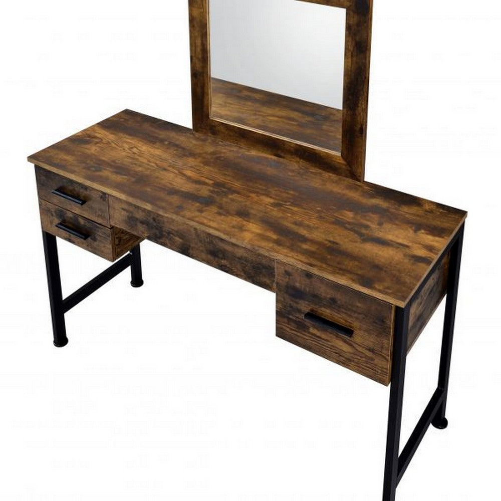 Vanity Desk with 4 Drawers and Square Mirror, Brown and Black - BM268893