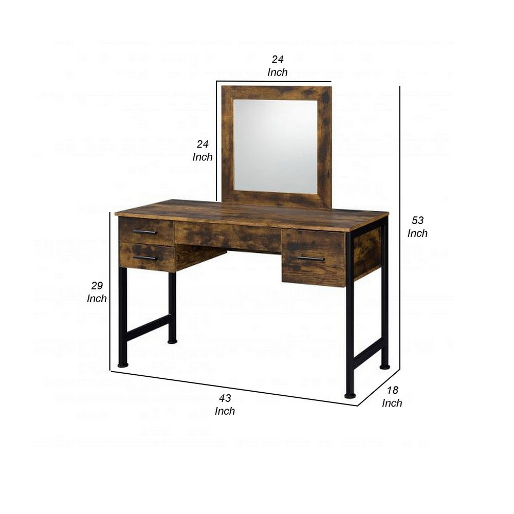 Vanity Desk with 4 Drawers and Square Mirror, Brown and Black - BM268893