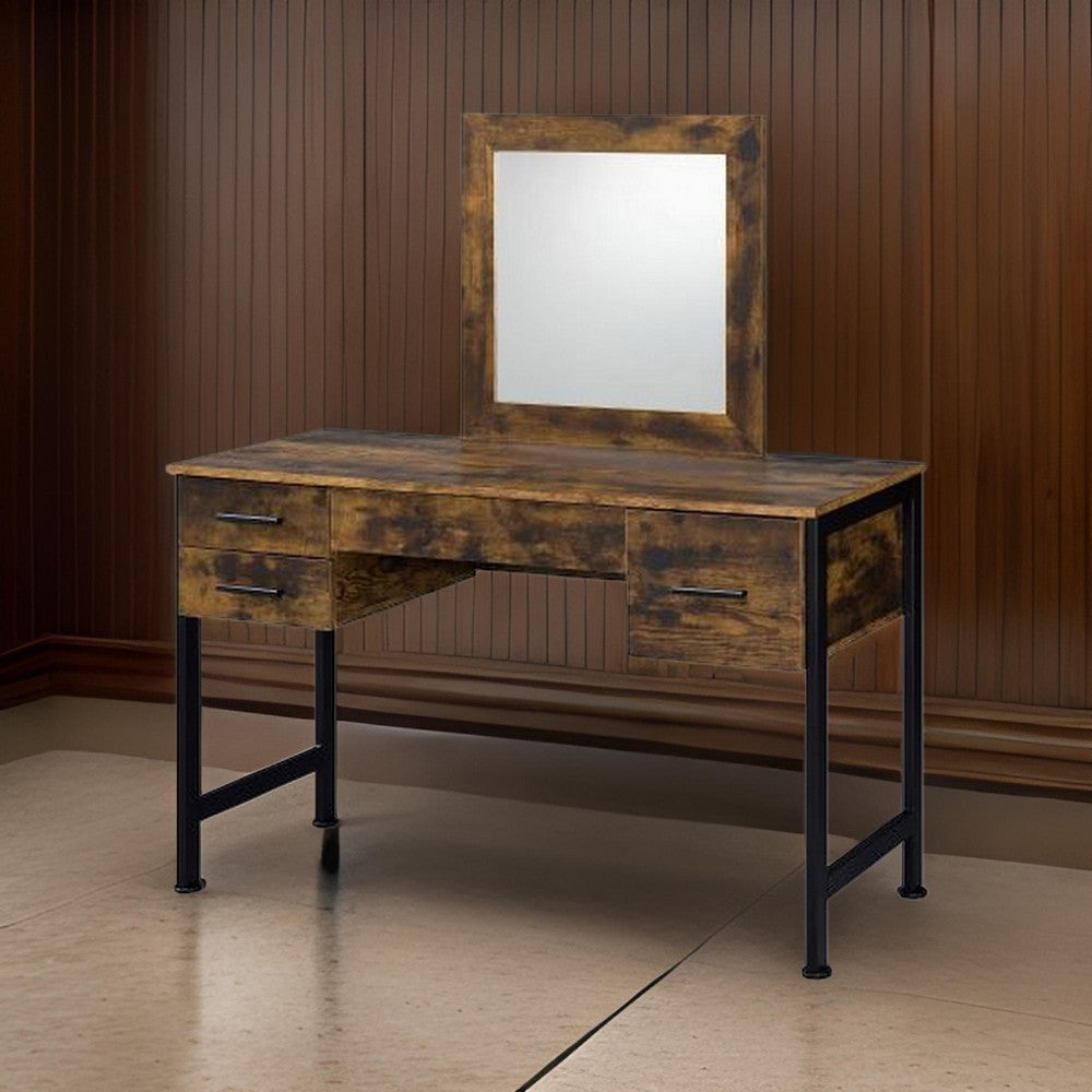 Vanity Desk with 4 Drawers and Square Mirror, Brown and Black - BM268893