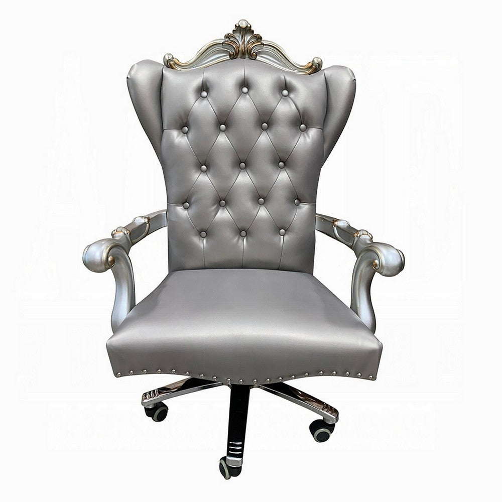 Office Chair with Leatherette Seat and Crowned Back, Silver - BM268928
