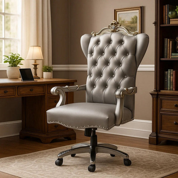Office Chair with Leatherette Seat and Crowned Back, Silver - BM268928