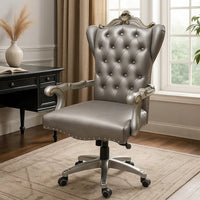 Office Chair with Leatherette Seat and Crowned Back, Silver - BM268928
