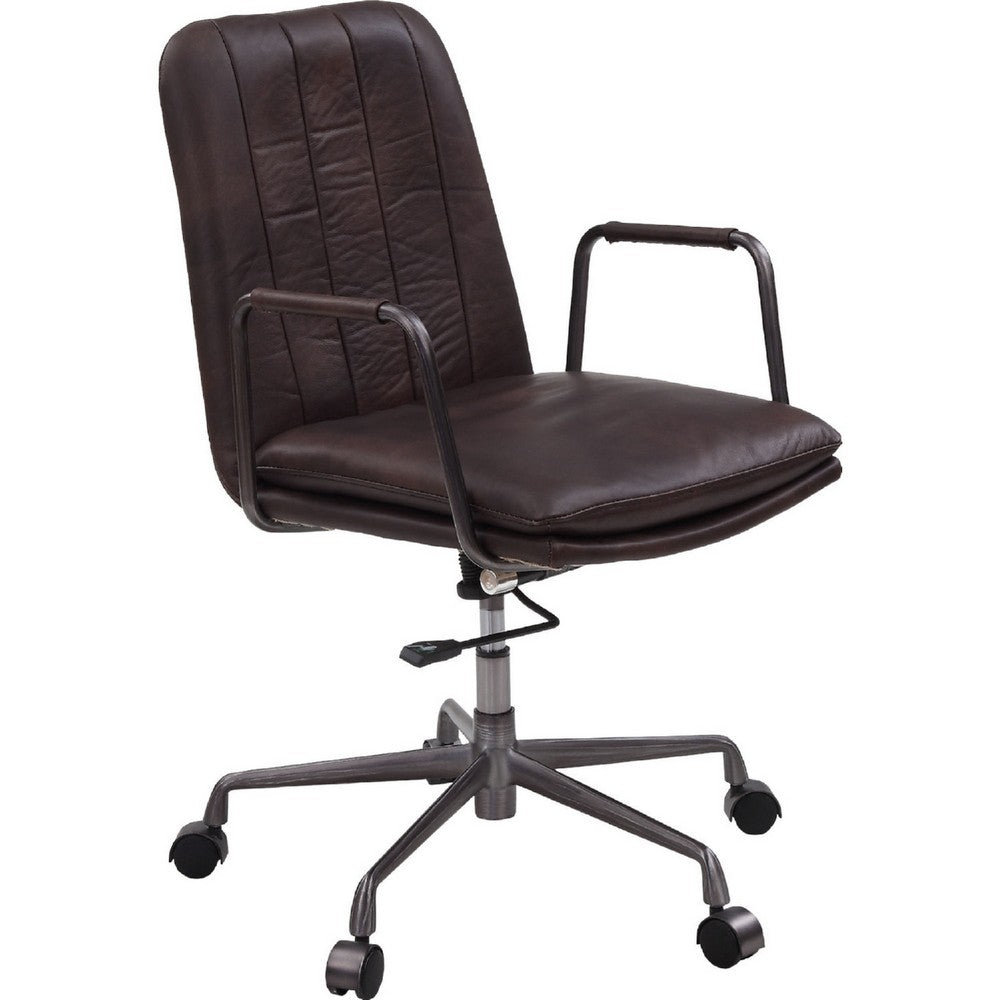 Office Chair with Leather Seat and Channel Stitching, Dark Brown - BM268944